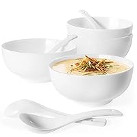 Artena Asian Soup Bowls with Spoons Set of 4, 26 oz Pasta, Ramen, Pho Bowls and Soup Spoons Set, Advanced Porcelain Elegant White Cereal Bowls for Kitchen, Dishwasher Microwave Oven Safe Bowls