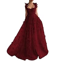 Butterflies Tulle Prom Dresses for Women Laces Applique Ball Gown with Slit Spaghetti Straps Formal Evening Gowns