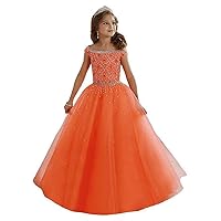 Girl's Off Shoulder Long Pageant Dresses Princess Tulle Beaded Straps Birthday Party Dress