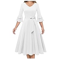 Cocktail Midi Dress for Women Flared V-Neck A-Line 3/4 Sleeve Double Bell Sleeve Formal Modest Church Dress for Wedding Guest