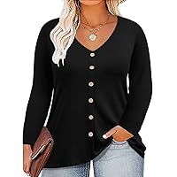 RITERA Plus Size Tops For Women V Neck Soild Fall Tunic Shirt Long Sleeve Button Up Henley Tops Oversize Black Blouse 5Xl 28W