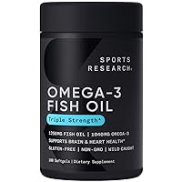 Sports Research Triple Strength Omega 3 Fish Oil - Burpless Fish Oil Supplement w/EPA & DHA Fatty Acids from Wild Alaskan Pollock - Heart, Brain & Immune Support for Men & Women - 1250 mg, 180 ct