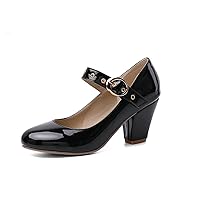 Women Round Toe Dress Pumps PU Leather Buckle Strap Comfortable Non Slip Block High Heel Shoes