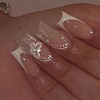 Long Press on Nails Nude Square Clear Fake Nails French Full Cover Bling Acrylic False Rhinestone Nails Butterfly Design Nails for Women and Girls 24PCS