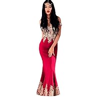 Women's Red and Gold Mermaid Evening Dresses Off Shoulder Applique Prom Party Gowns