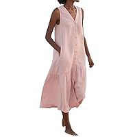 Maxi Dress for Women 2024 Summer Beach Vacation Midi Dress V Neck Sleeveless Tank Button Flowy Long Dress with Pockets