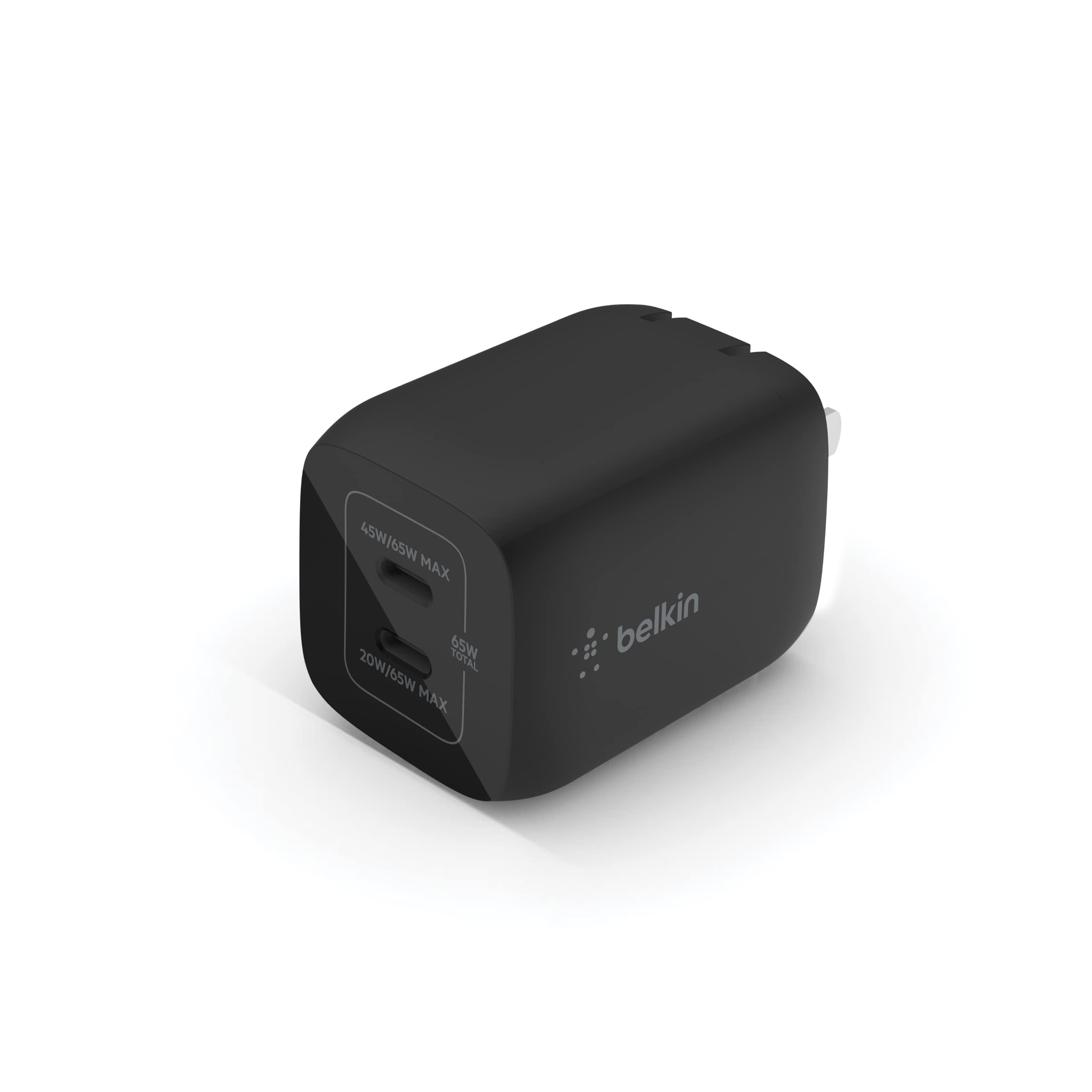 Belkin 65W Dual USB-C Wall Charger, Fast Charging Power Delivery 3.0 with GaN Technology for iPhone 14, 13, Pro, Pro Max, Mini, iPad Pro 12.9, MacBook, Galaxy S23, S23+, Ultra, Tablet, More - Black
