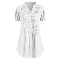 Women's V Neck Button Down Lace Shirts Loose Dressy Blouse Casual Short Sleeve Long Tops Business Tunic Shirt Top