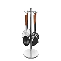 Kitchen Countertop Utensil Holder, Stainless Steel Rotatable Cooking Utensils Holder with 8 Rotating Hooks, Hanging Organizer for Spoon, Spatula, Soup Ladle, Spaghetti Server, Skimmer, Chrome