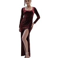 Women's Long Sleeve Velvet Bridesmaid Dresses Square Neck Formal Eveining Party Gowns with Slit 2024 R048