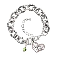 Crystal Bicone - Class of 2024 Heart Charm Link Bracelet, 7.25+1.25