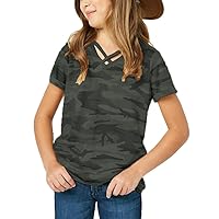 Girls Camouflage Stripe Short Sleeve Shirts V Neck Criss Cross Tees Sweat Kids Casual Sport Tops Blouse（4-15T）