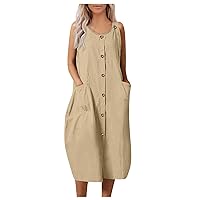 Womens Casual Strappy Round Neck Button Down Sleeveless Flowy Pockets Loose Long Maxi Beach Dress Sundress