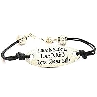 Love Is Patient, Love is Kind. Love Never Fails Pewter Plate Black Waxed Cord Bracelet, 2.5