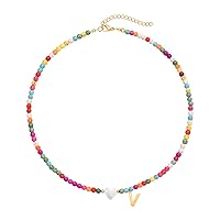 Wellike Initial Necklaces for Women Girls Colorful Beaded Choker Necklace Stainless Steel 18K Gold Plated Y2K Aesthetic Gold Letter Necklace Handmade Boho Summer Necklace Jewelry Gift