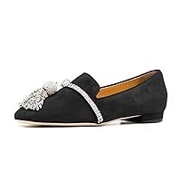 FSJ Women Trendy Round Toe Loafers Fringed Rhinestones Decor Flats Comfort Walking Ballet Shoes Size 4-15 US