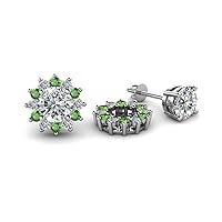 Lab Grown Diamond & Green Garnet 0.74 ctw Halo Flower Jacket for Stud Earrings 14K Gold