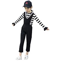 Girls Long Trumpet Sleeve Striped Shirt + Suspender Trousers, Overalls Suits