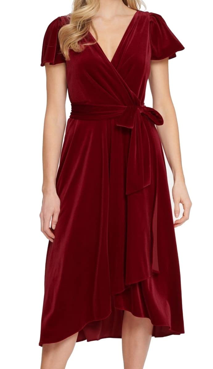 DKNY Womens Red Belted Tie Velvet Cap Sleeve V Neck Tea-Length Evening Empire Waist Dress 2