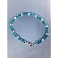 925 sterling Silver good luck gift 4-5mm stacking Blue & White Turquoise and Pearl Bracelet Round, Smooth 7