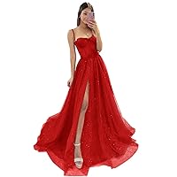 Tulle Prom Dresses Sparkly Spaghetti Straps Sparkly Sequin Evening Dress for Women with Slit