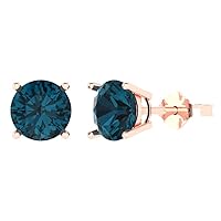 3.1 ct Round Cut Solitaire VVS1 Natural London Blue Topaz Pair of Stud Earrings 18K Pink Rose Gold Butterfly Push Back