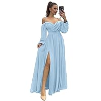 CWOAPO Long Sleeves Bridesmaid Dresses with Slit Off Shoulder Chiffon Empire Waist Formal Evening Party Dress