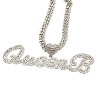 Iced Out Heart Clasp Personalized Name Necklace with Cuban Link Chain Micro Paved Square Cubic Zircon Custom Cursive Nameplate Necklace Choker Silver Gold Initial Pendant Hip Hop Prom Jewelry for Her