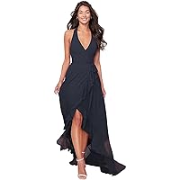 Dexinyuan V-Neck Chiffon Bridesmaid Dresses for Women 2022 Halter High Low Formal Dresses Long Ruffle Evening Gowns Navy 2