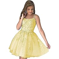Spaghetti Straps Tulle Prom Dress Short Floral Sparkly Homecoming Dress for Teens Formal Party