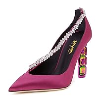 XYD Women Crystal Block High Heels Closed Pointed Toe Bejeweled Strap Satin Pumps for Wedding Evening Party