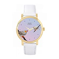 Grey Two Finches Watch Ladies 38mm Case 3atm Water Resistant Custom Designed Quartz Movement Luxury Fashionable, Pink, Gold/White leather strap