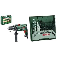 Bosch EasyImpact 600 Hammer Drill (600 Watt, in Case) & 15-Piece Mini X-Line Twist Drill Mixed Set (Wood, Stone and Metal, Drill Accessories)