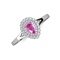 Pear Cut 7x5 mm Pink Sapphire Round Diamond 1 1/6 ctw Women Halo Engagement Ring 14K Gold