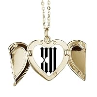 Roman Numerals Twelve in Black Folded Wings Peach Heart Pendant Necklace