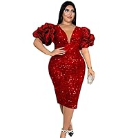 Exclusive Women Plus Size Evening Gown Dress Green/Red V-Neck Puff Sleeve Sequin Large Size Party Dress