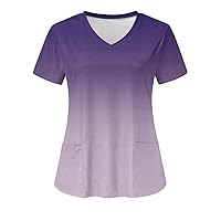 Shirts for Women, Women's Stretchy Breathable Tops Summer V-Neck Short Sleeve Gradient Print Working Uniforms with Pockets