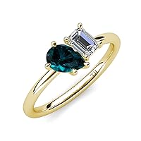 Pear Shape London Blue Topaz & Emerald Shape Moissanite 2.55 ctw Four Prong Women 2 Stone Duo Engagement Ring 14K Gold
