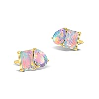 Double Opal Gemstone Stud Earring, Pear and Square Shape Ethiopian Opal Jewelry, October Birthstone Gift for her Jewelry