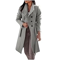 Womens Fashion Lapel Collar Button Down Pea Coat Winter Woolen Over Coats Slim Fit Trench Coat Long Jackets with Belt