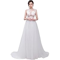 Women's Bowknot Back Long Shoulder Tulle Watteau Beach Wedding Dress with Chic Illusion Top