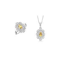 Matching Set 14K White Gold Floral Pattern Halo Pendant Necklace & Ring. Gemstone & Diamonds, 18