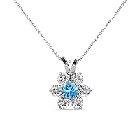 Round Blue Topaz & Natural Diamond 7/8 ctw Women Floral Halo Pendant Necklace. Included 18 Inches Chain 14K Gold