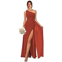 Women's Long One Shoulder Bridesmaid Dresses for Women Ruched Chiffon A Line Evening Formal Gown with Slit R055