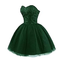Strapless Cocktail Dresses Short Lace Tulle Puffy A-Line Prom Quinceanera Dresses for Juniors Homecoming Dresses Emerald Green