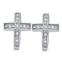 The Diamond Deal Sterling Silver Womens Round Diamond Cross Faith Huggie Hoop Earrings 1/20 Cttw
