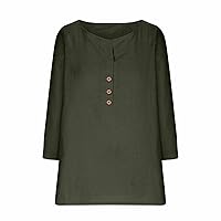 Womens Cotton Linen Tunic Shirts Button 3/4 Sleeve Notched Neck Summer Beach Pullover Tops Casual Loose Henley Blouse