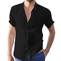 Mens Cotton Linen Guayabera Shirt with Chest Pockets Casual Short Sleeve Button Down Summer Regular Fit Beach Cuban Tops