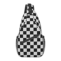 Black And White Plaid Chest Bag Shoulder Bag, Rectangle Sling Backpack Casual Travel Bag For Men And Women
