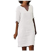 Women Casual Map Print Mid-Sleeve Shift Dresses Mid-Sleeve V-Neck Stitching Loose Midi Dress